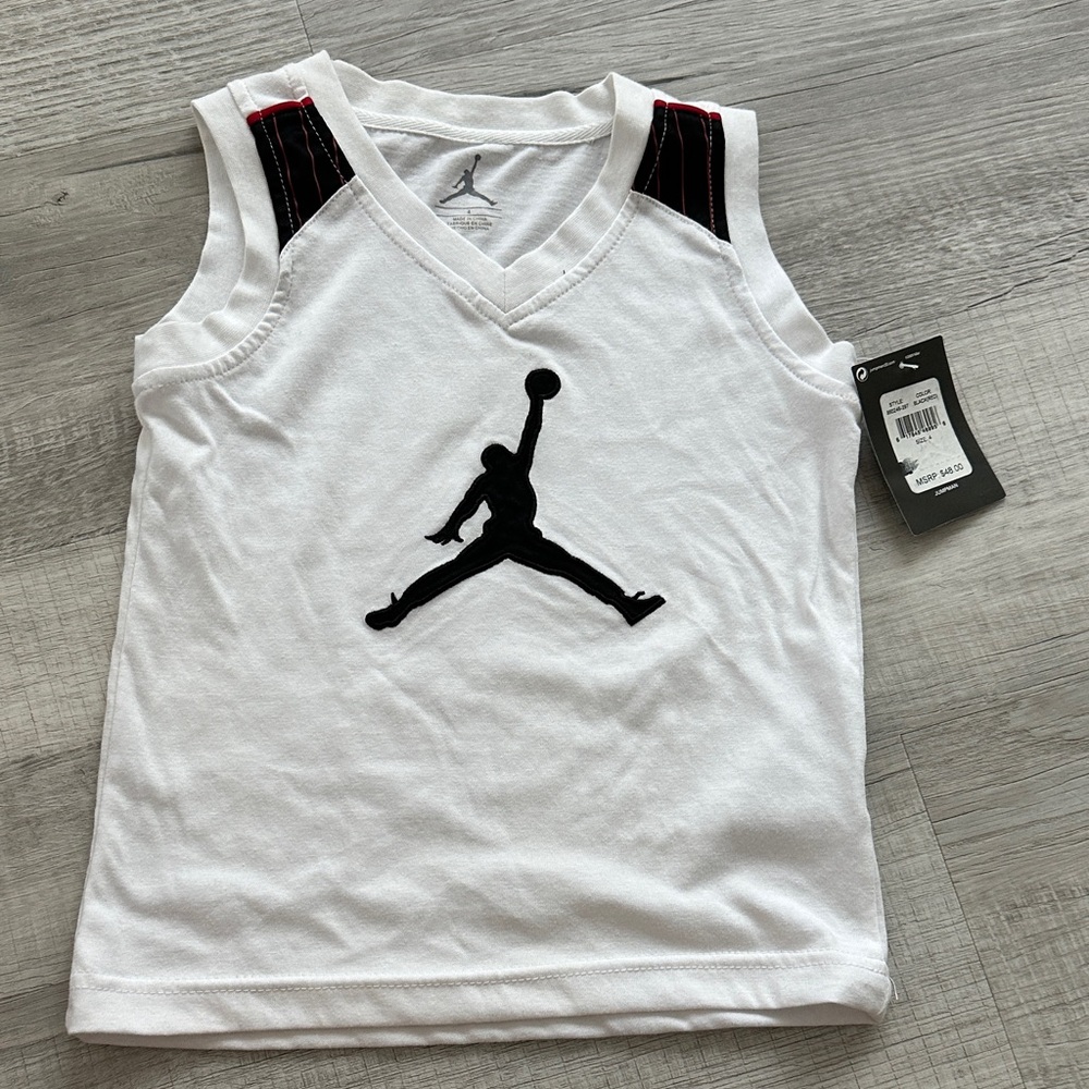 Jordan White Tank Top with Black Logo and Red Accents size 4